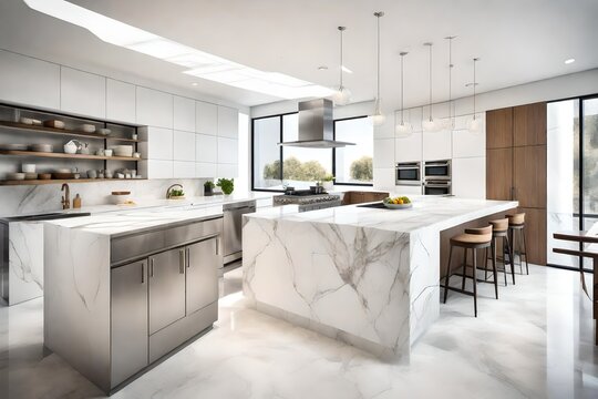 A sleek, modern kitchen bathed in natural light, featuring stainless steel appliances, marble countertops, and minimalist design
