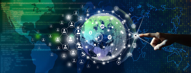 New global business connection concept. Businessman leading the global connection with connecting people orbit around the world. World map and connecting people background. Original source from NASA.