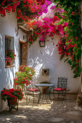 Fototapeta na wymiar Typical Andalusian patio with tables, chairs and flowers