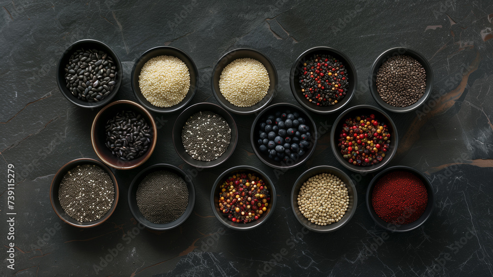 Poster A collection of various seeds and spices neatly presented in bowls, showcasing a range of colors and textures used in culinary arts.