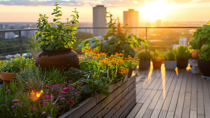 Fototapeta na wymiar A vibrant urban garden blooms on a balcony at golden hour, with a mix of herbs and flowers basking in the warm sunset light