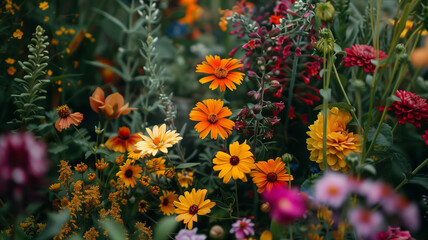 A lush garden teeming with an array of vibrant flowers in full bloom, from radiant oranges to deep reds, creates a tapestry of natural beauty