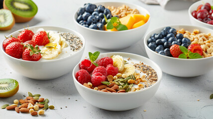 Freshly prepared fruit and yogurt bowls with a variety of berries, seeds, and nuts, offering a...