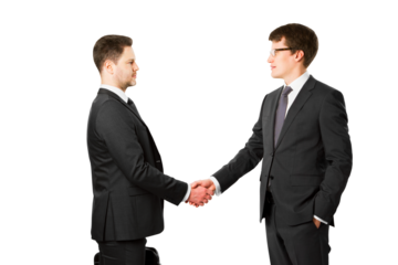 Rear view of businessmen handshake, agreement gesture isolated on white