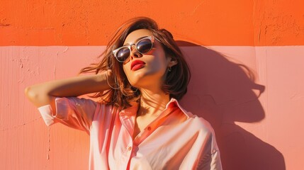 "Portrait ensoleill&eacute; d'une jeune femme avec lunettes rondes, ambiance d&eacute;contract&eacute;e et styl&eacute;e, ombre nette sur le mur."