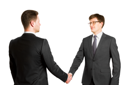 Business handshake between professionals on white background, symbolizing agreement