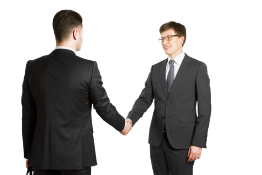 Two professional businessmen engaging in a firm handshake, isolated on white
