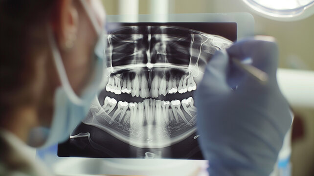 A detailed dental X-ray being examined by a professional, highlighting the diagnostic process in dentistry