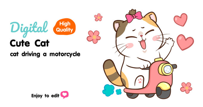 cute cartoon cat drive a motorcycle