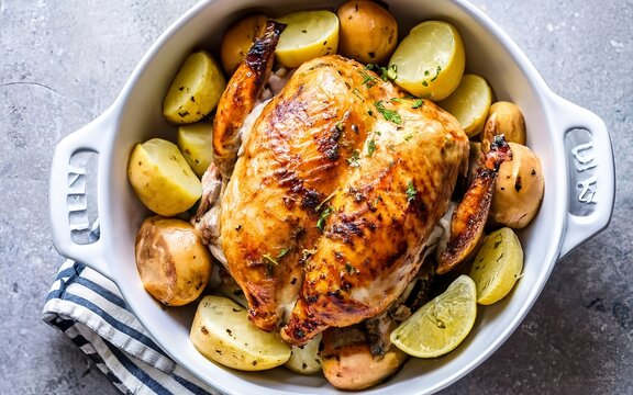 Whole chicken roasted in a porcelain bowl with potatoes.