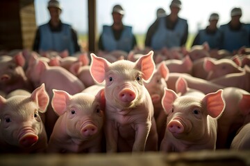 Farmers caring for a joyful group of tiny piglets at a livestock farm. Concept Livestock Farming, Piglets Care, Farming Practices, Animal Welfare, Agriculture Trends