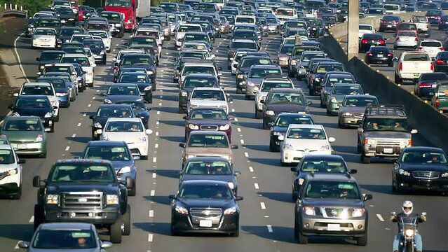 Traffic jam and congestion during morning rush hour on Los Angeles freeway, California