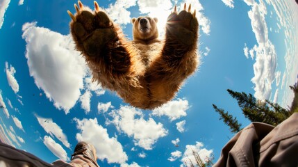A bear attacks a man. An animal predator jumps on a person against the sky. First person view with human legs - obrazy, fototapety, plakaty