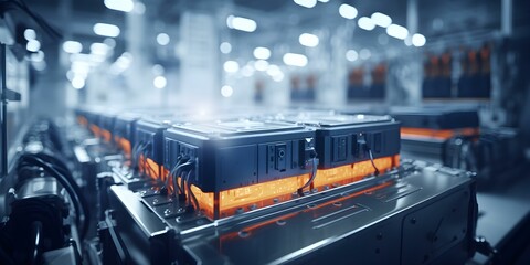 Efficient manufacturing of electric vehicle batteries in a bustling industrial plant. Concept Electric Vehicles, Battery Manufacturing, Industrial Plant, Efficiency, Sustainable Technology - obrazy, fototapety, plakaty