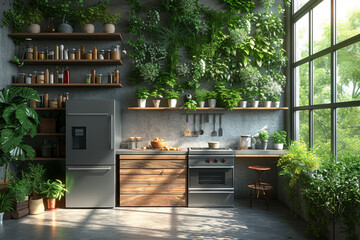 A sustainable kitchen featuring energy-efficient appliances, compostable kitchenware, and a vertical herb garden for fresh, homegrown ingredients. Concept of sustainable cooking. Generative Ai.