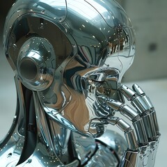 A human finger gently makes contact with the metallic finger of a robot, symbolizing the idea of...