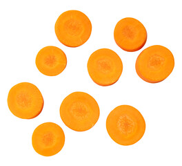 Top view of beautiful orange carrot slices in set isolated with clipping path in png file format