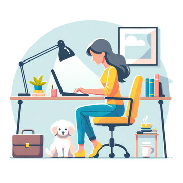 Young woman working on a computer at home, with a cute dog sitting nearby.