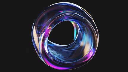 An abstract, holographic fluid shape made of transparent glass, with a soap water bubble and reflection, isolated on a black background. 3d illustration.