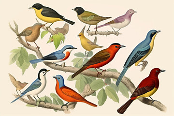 Vintage illustrations depicting colourful exotic birds. AI generative.