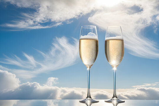 Two champagne glasses poised delicately against a backdrop of wispy clouds, casting subtle reflections that suggest a sunlit sky, champagne effervescence captured mid-ascent. Generative AI
