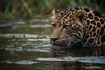 Majestic Leopard: Stealthy Predator’s Solitary Swim Amidst Jungle’s Serenity, Reflecting Nature’s Power, Grace, and Endangered Beauty, generative AI