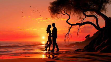 Silhouette of Couple in love during sunset, Copy space