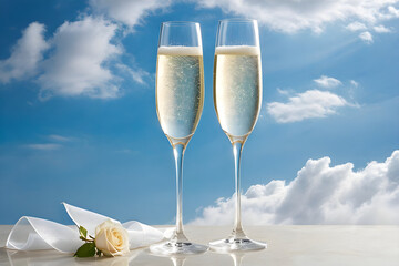 Two champagne glasses poised delicately against a backdrop of wispy clouds, casting subtle reflections that suggest a sunlit sky, champagne effervescence captured mid-ascent. Generative AI