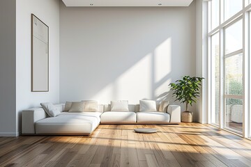 Fototapeta na wymiar Bright living room interior with white empty wall