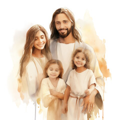 Watercolor print of Jesus, portrait of a happy family