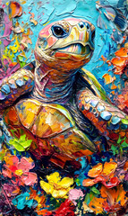 Fototapeta premium Turtle on the background of a colorful oil painting. Illustration