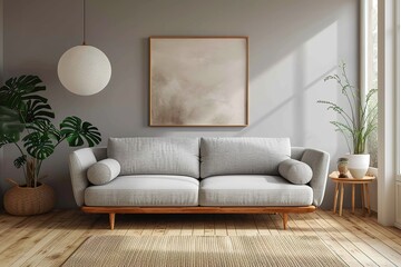 Interior of living room modern style with grey fabric sofa,wooden side table and white ceiling lamp on wooden floor