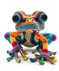 Illustration vector designs a handcrafted style amigurumi frog with detailed crochet patterns and vibrant yarn colors White background