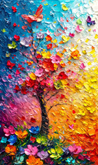 Autumn landscape with river and multicolored leaves. Oil painting.	
