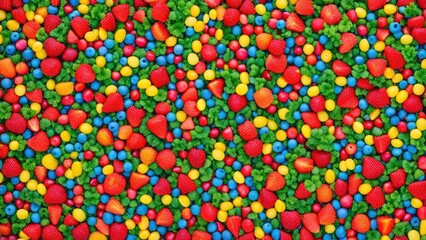 A colorful mix of candies and strawberries creates a vibrant, delightful visual treat
