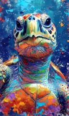 Turtle on the background of a colorful oil painting. Illustration
