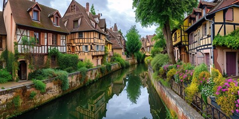 France. Narrow waterway and classic timber-framed homes. - obrazy, fototapety, plakaty