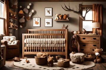 A cozy woodland cabin baby nursery with rustic wooden furniture, forest animal prints, and warm, earthy tones. A snug retreat for a little one