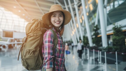 A cheerful, appealing Asian female traveler with a backpack at the contemporary airport terminal, with room for text. Traveler excursion idea. - obrazy, fototapety, plakaty