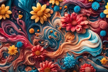 Fototapeta na wymiar A breathtaking high-resolution image showcasing the dynamic fusion of colorful liquids, adorned with tasteful flower patterns, creating a visually appealing and modern illustration