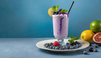 Blueberry milk shake glass with dressing of fruits and berry and empty plate in the corner, Generated AI