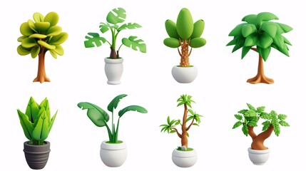 Set of 3D cartoon icons featuring potted houseplants, tree shoots, and grass.
