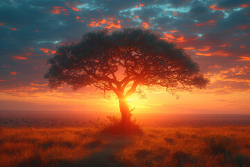 Fototapeta premium A panoramic sunrise over the plains, capturing the untamed beauty of African wildlife in their natural habitat. Concept of safari adventures. Generative Ai.
