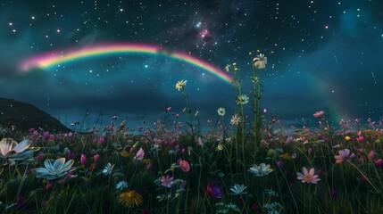 Beneath the starry expanse of the night sky, a secluded meadow blooms with a riot of wildflowers,...
