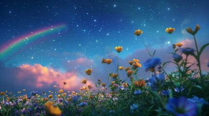 Beneath the starry expanse of the night sky, a secluded meadow blooms with a riot of wildflowers, their petals aglow with bioluminescent hues.
