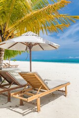 Beautiful tropical beach leisure banner. Couple chairs umbrella white sand coco palm trees travel honeymoon wide panorama background. Amazing landscape. Luxury island resort vacation, sunshine sea sky