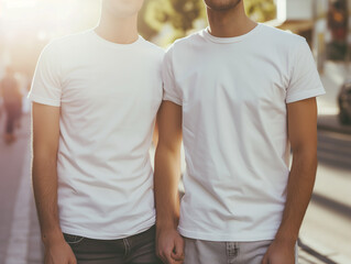 A gay couple wearing blank white matching t-shirts mockup for design template in city street