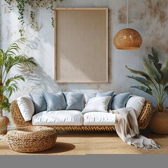 Japandi minimalist living room with frame mockup in white and blue tones. sofa, rattan furniture, and wallpaper. design of a farmhouse interior - obrazy, fototapety, plakaty