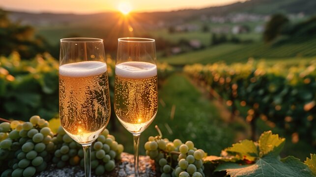 Savoring top-tier effervescent white wine with fizzing bubbly in sight of verdant pinot noir and meunier vineyards in France.