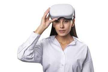 Engaged woman experiencing virtual reality, VR headset in focus, white background. Digital innovation concept